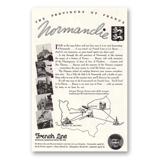 1936 French Line Normandie Look at the Map Vintage Magazine Print Ad