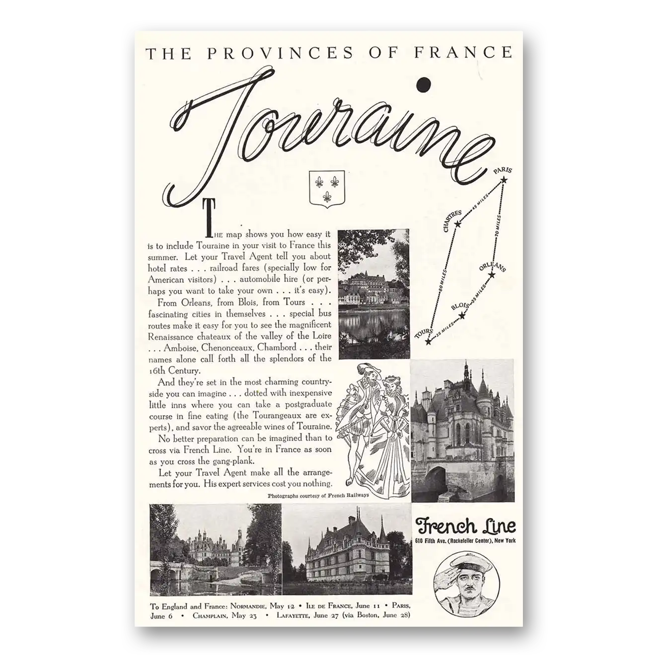 1936 French Line Touraine The Map Shows You Vintage Magazine Print Ad