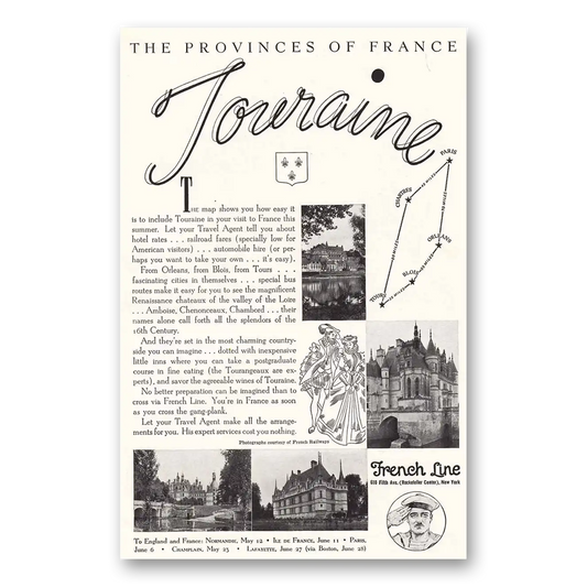 1936 French Line Touraine The Map Shows You Vintage Magazine Print Ad