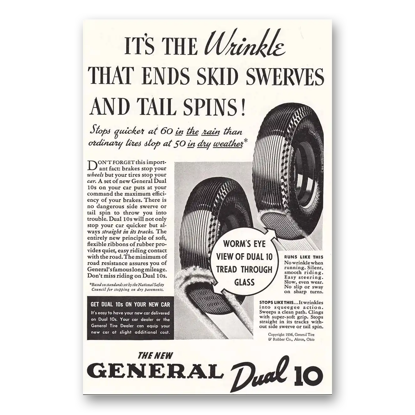 1936 General Tire Dual 10 Tires Skid Swerves Vintage Magazine Print Ad