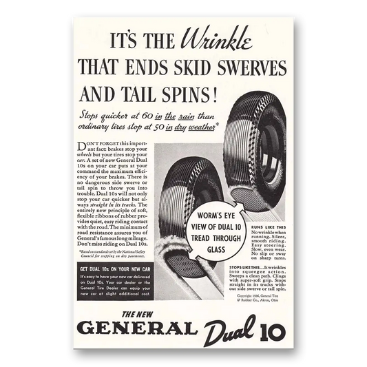 1936 General Tire Dual 10 Tires Skid Swerves Vintage Magazine Print Ad