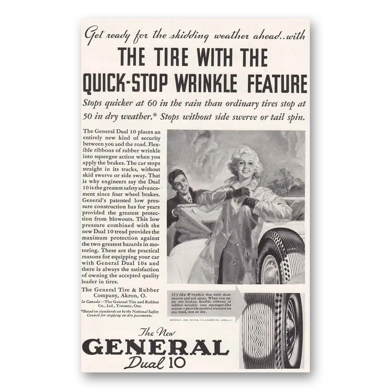 1936 General Tire Dual 10 Tire Quick Stop Wrinkle Vintage Magazine Print Ad