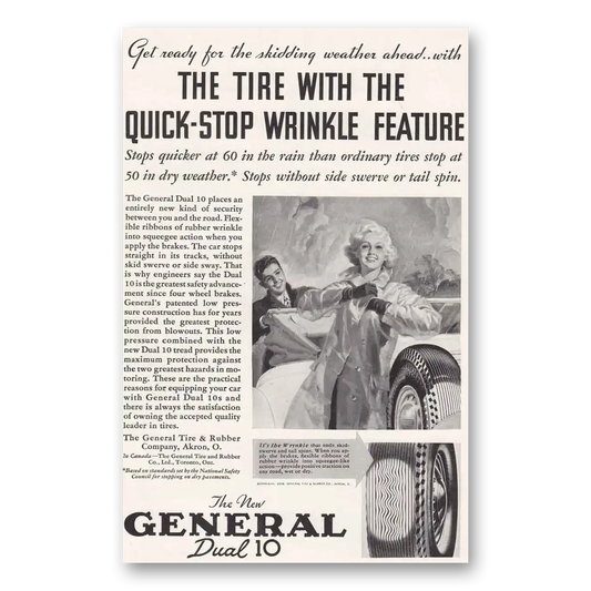 1936 General Tire Dual 10 Tire Quick Stop Wrinkle Vintage Magazine Print Ad