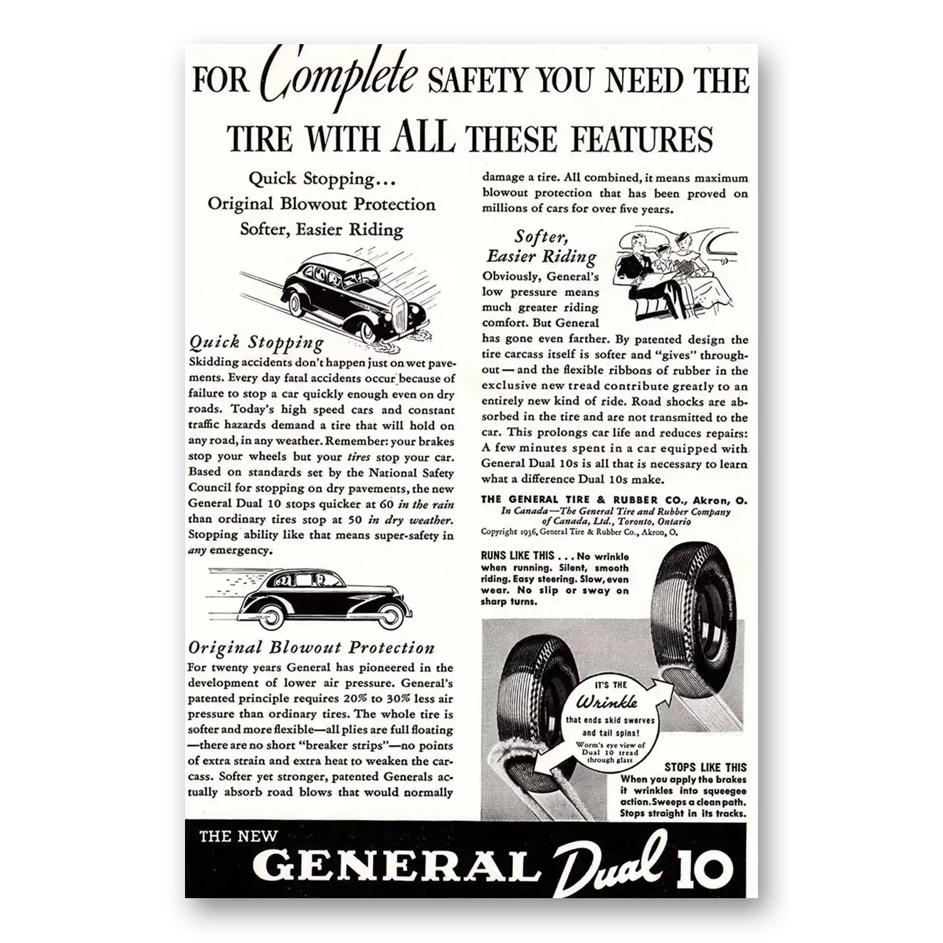 1936 General Tire Dual 10 Tires Complete Safety Vintage Magazine Print Ad