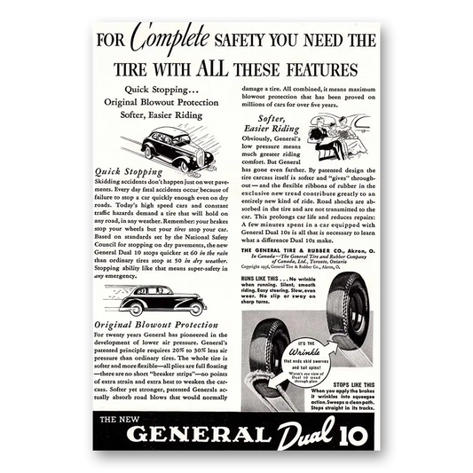 1936 General Tire Dual 10 Tires Complete Safety Vintage Magazine Print Ad