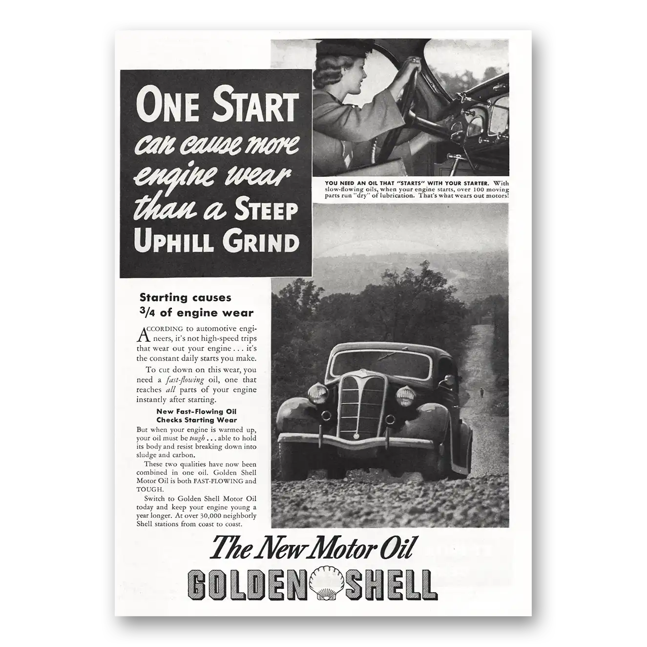 1936 Golden Shell Motor Oil Steep Uphill Grind Vintage Magazine Print Ad