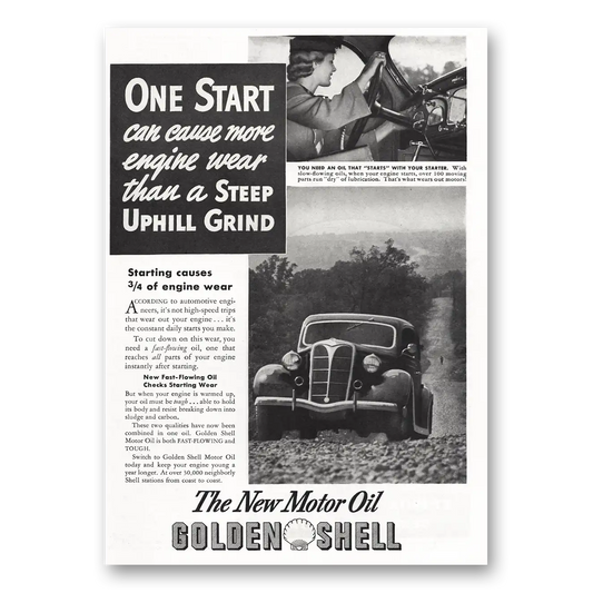 1936 Golden Shell Motor Oil Steep Uphill Grind Vintage Magazine Print Ad