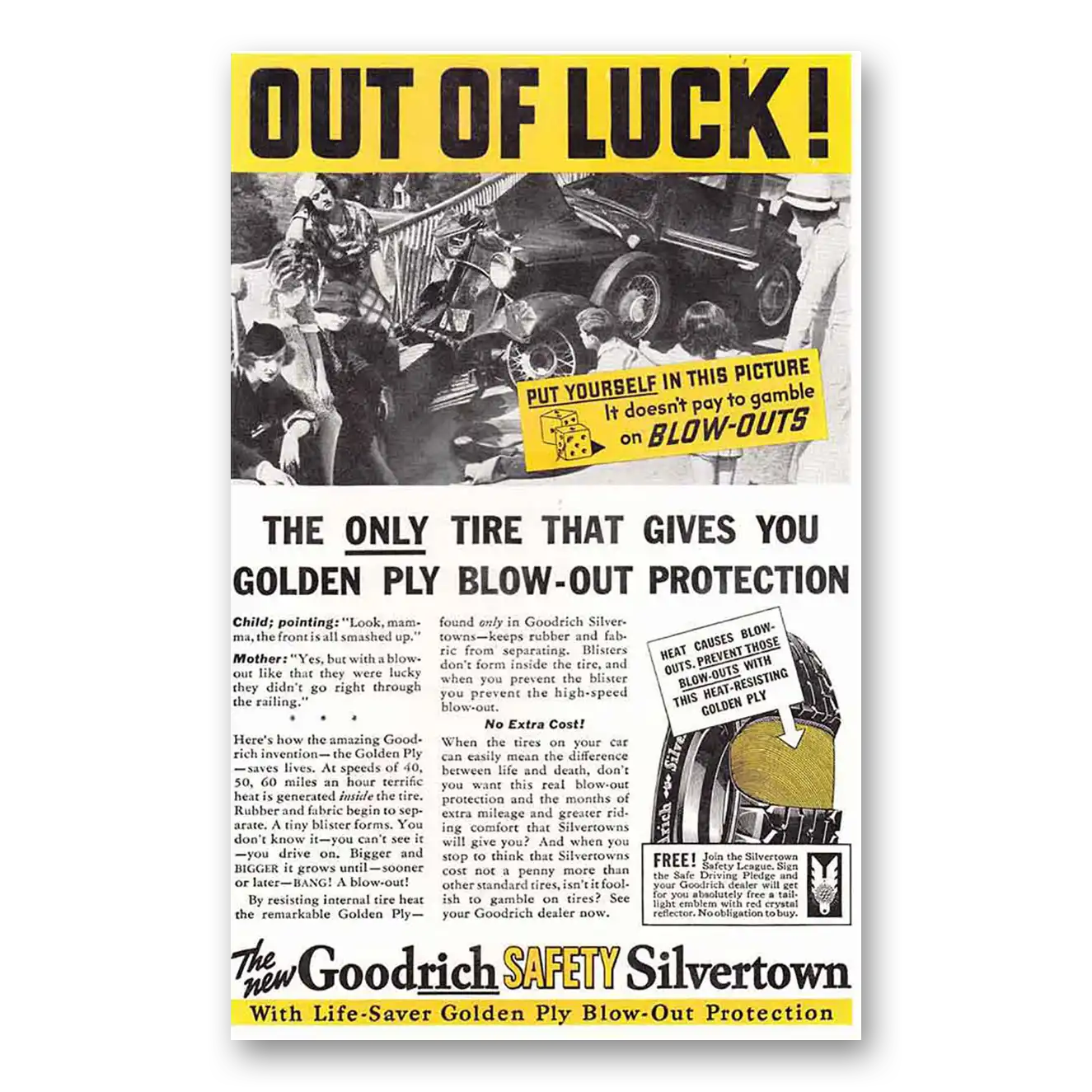 1936 Goodrich Silvertown Tires Out of Luck Vintage Magazine Print Ad