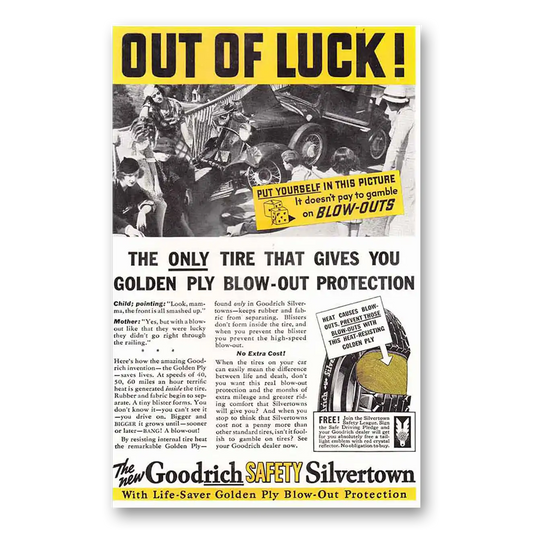 1936 Goodrich Silvertown Tires Out of Luck Vintage Magazine Print Ad