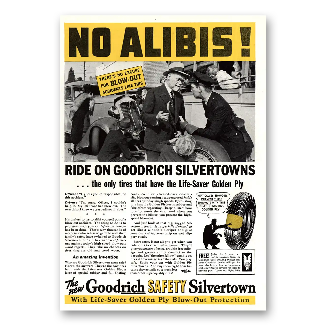 1936 Goodrich Silvertown Tires No Alibis Vintage Magazine Print Ad