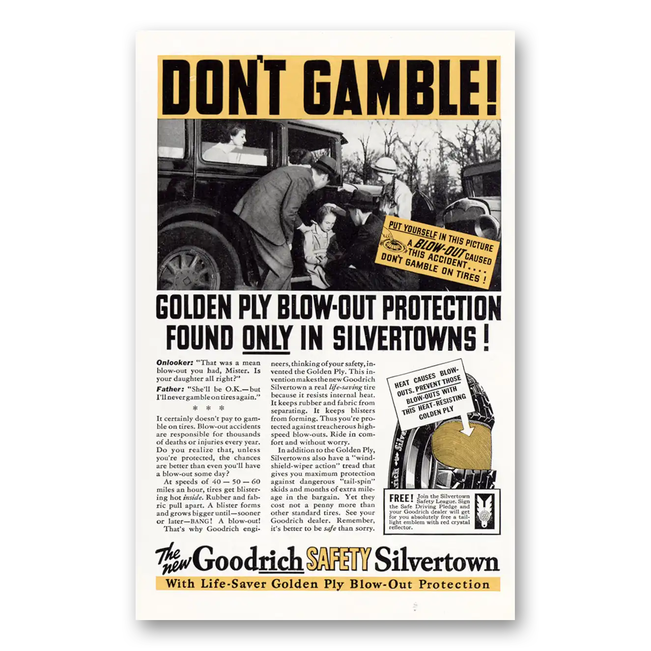 1936 Goodrich Silvertown Tires Don't Gamble Vintage Magazine Print Ad