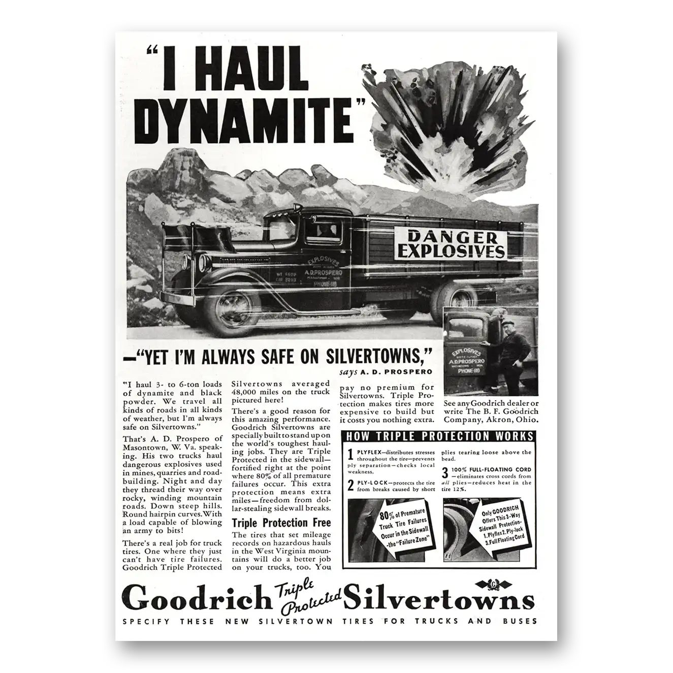 1936 Goodrich Silvertown Tires I Haul Dynamite Vintage Magazine Print Ad