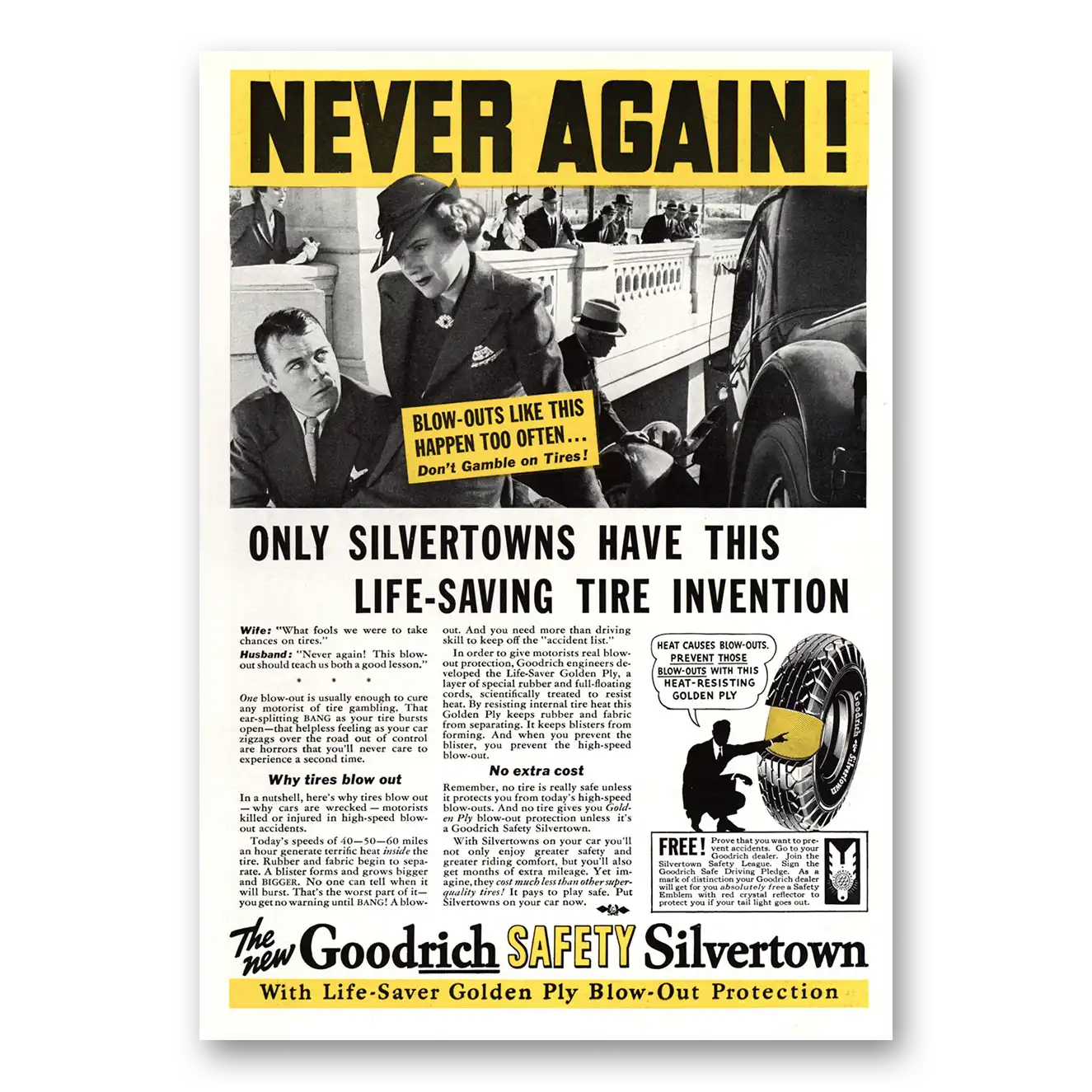 1936 Goodrich Silvertown Tires Never Again Vintage Magazine Print Ad