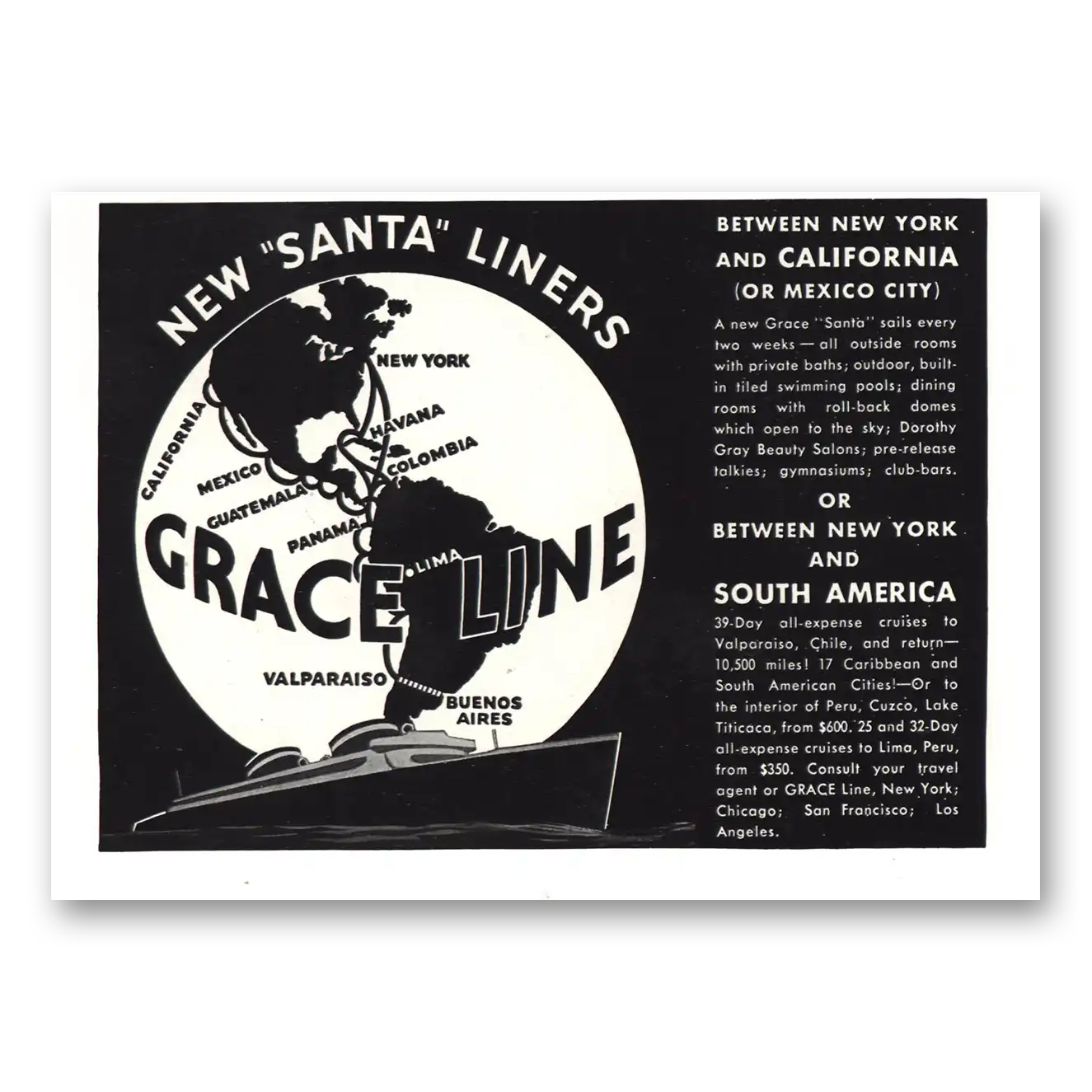 1936 Grace Line New Santa Liners Vintage Magazine Print Ad