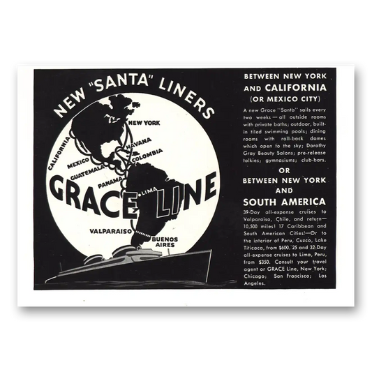 1936 Grace Line New Santa Liners Vintage Magazine Print Ad