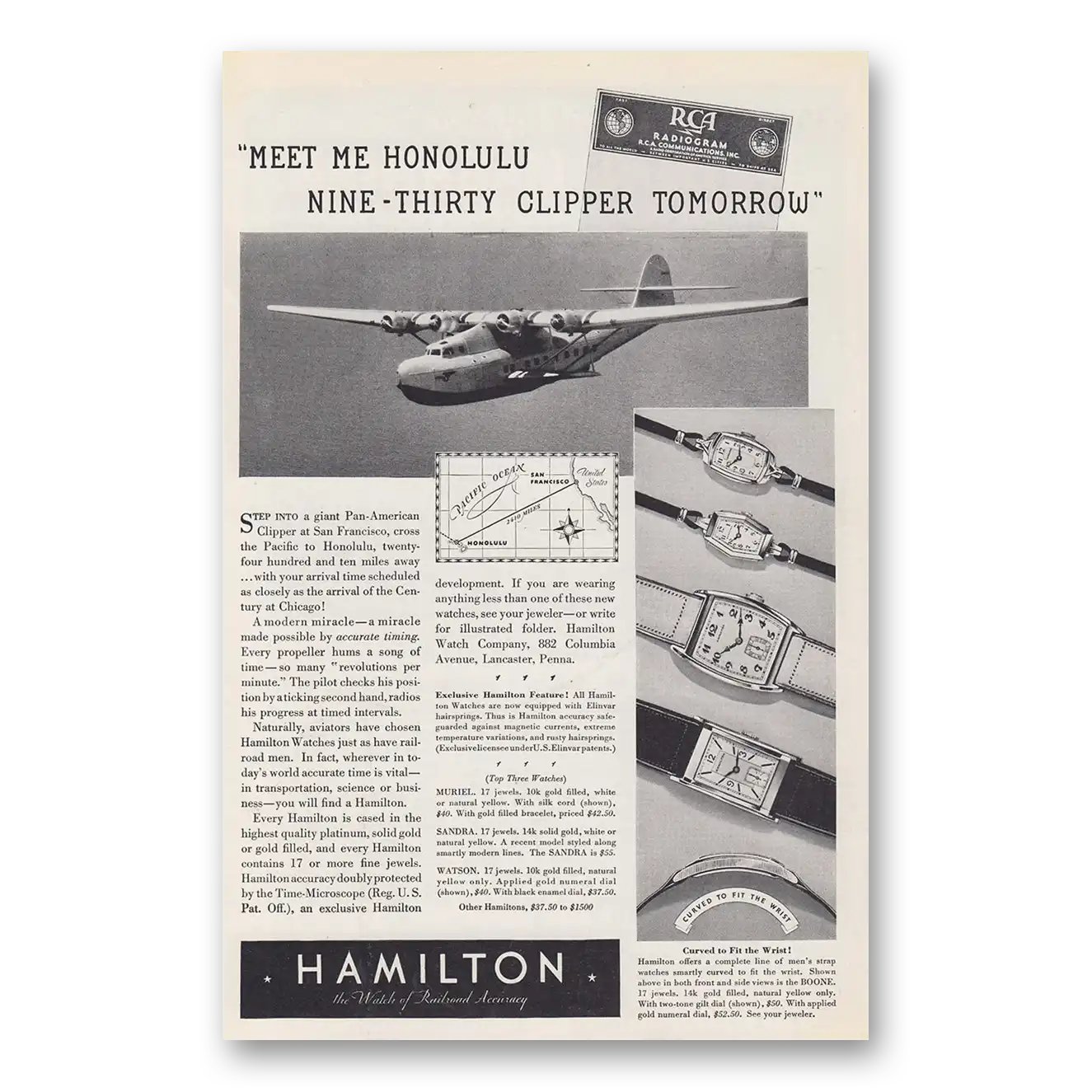 1936 Hamilton Watch Meet Me Honolulu Nine Thirty Clipper Tomorrow Vintage Magazine Print Ad