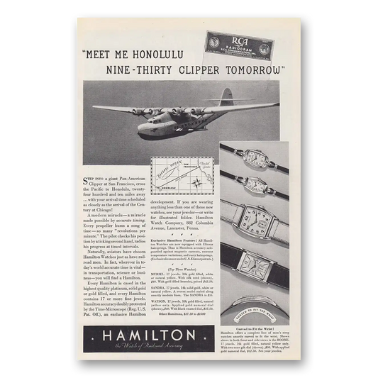 1936 Hamilton Watch Meet Me Honolulu Nine Thirty Clipper Tomorrow Vintage Magazine Print Ad