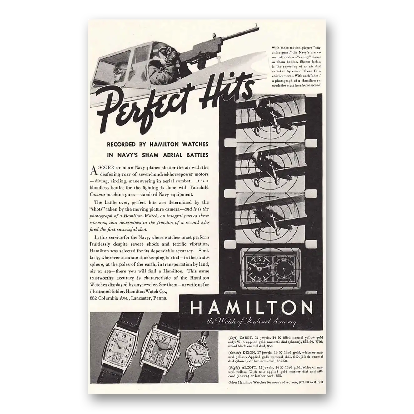 1936 Hamilton Watch Navys Sham Aerial Battles Perfect Hits Vintage Magazine Print Ad