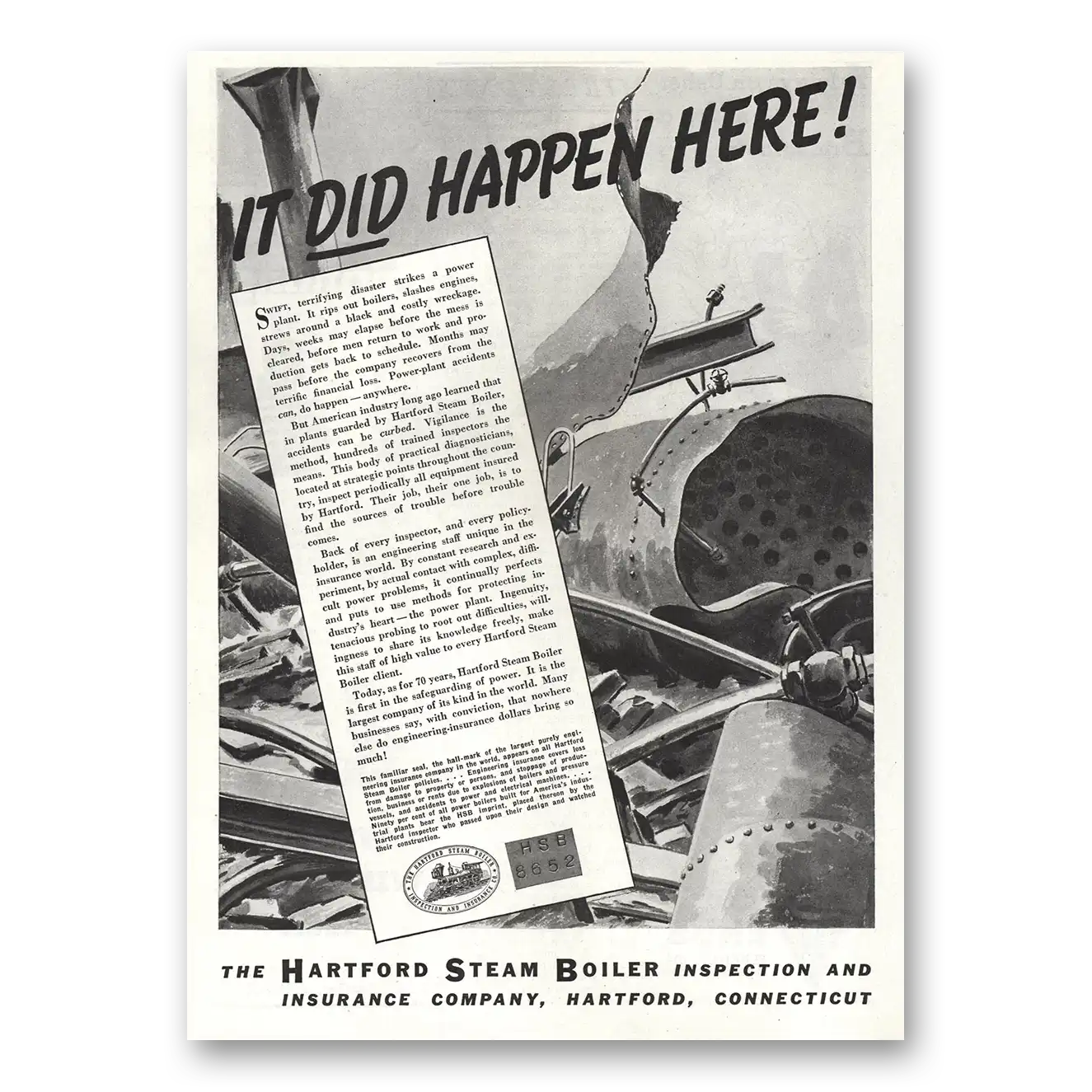 1936 Hartford Steam Boiler Inspection Did Happen Here Vintage Magazine Print Ad