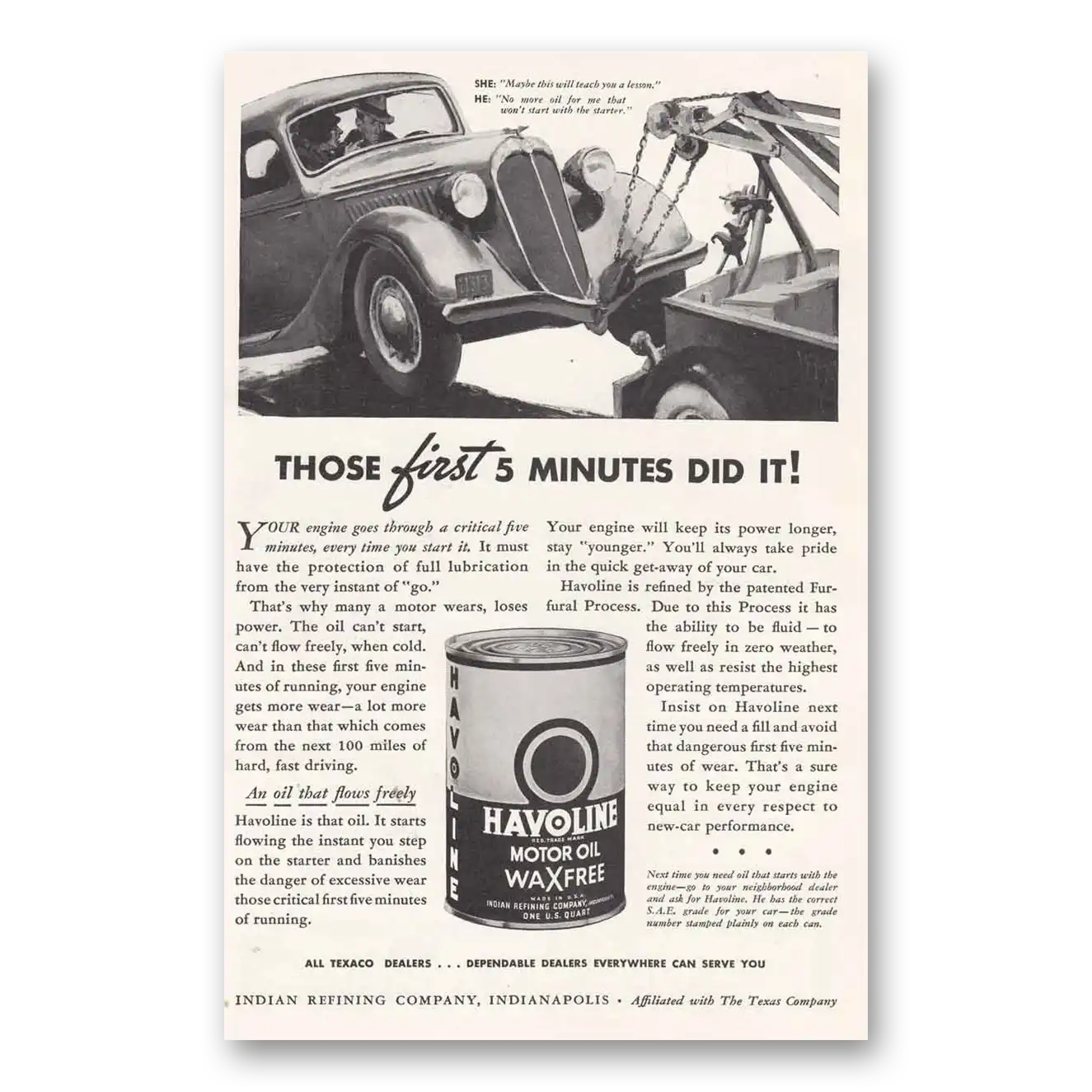 1936 Havoline Motor Oil Tow Those First 5 Minutes Did It Vintage Magazine Print Ad