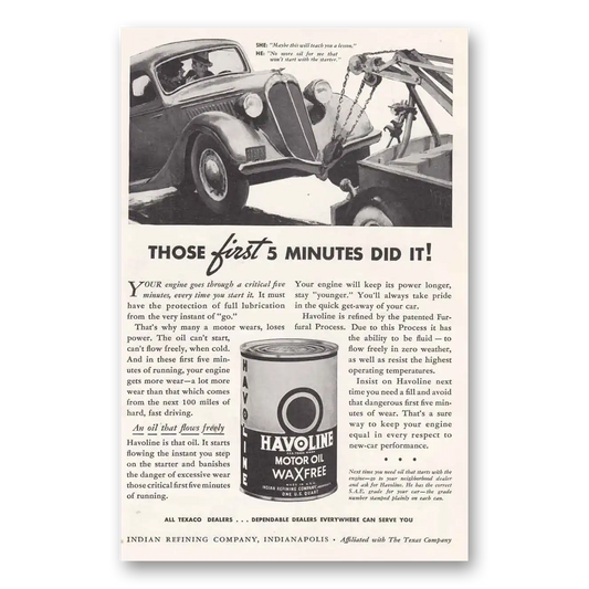 1936 Havoline Motor Oil Tow Those First 5 Minutes Did It Vintage Magazine Print Ad