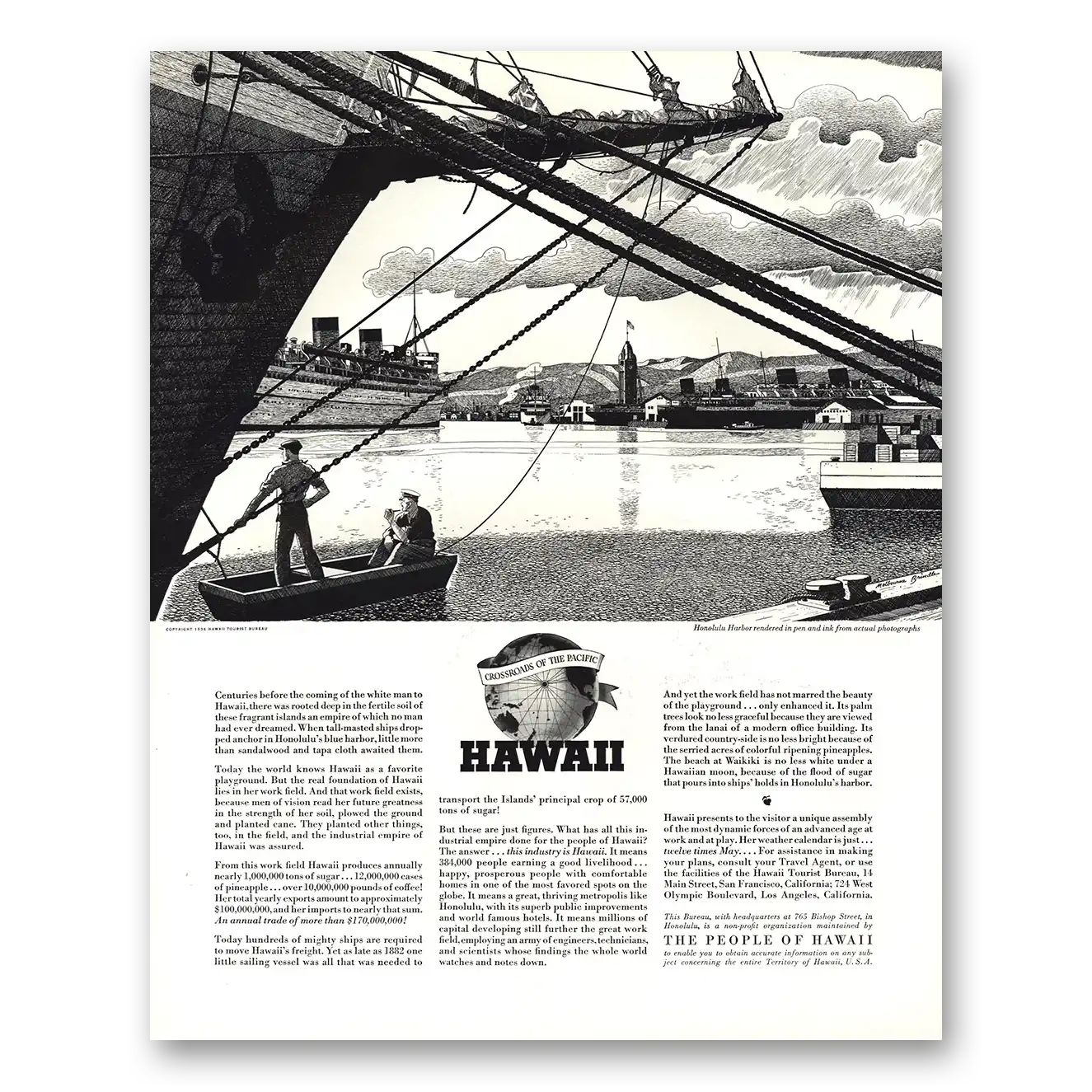 1936 Hawaii Crossroads of the Pacific Vintage Magazine Print Ad