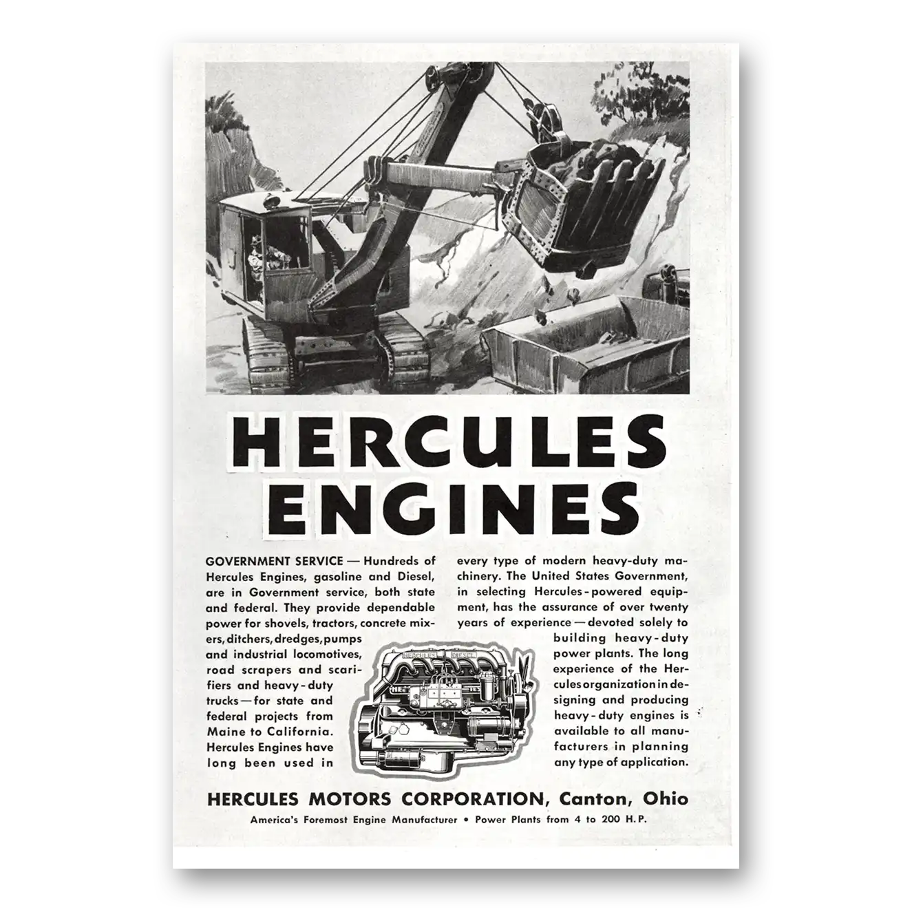 1936 Hercules Engines Government Service Hundreds Vintage Magazine Print Ad