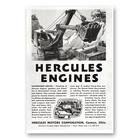 1936 Hercules Engines Government Service Hundreds Vintage Magazine Print Ad