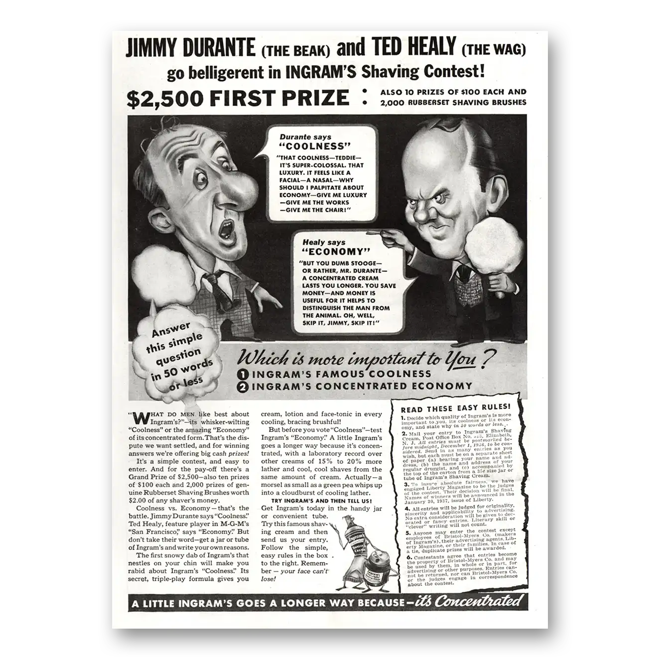 1936 Ingrams Shaving Cream Jimmy Durante and Ted Healy Vintage Magazine Print Ad