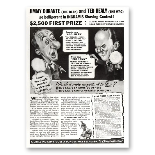 1936 Ingrams Shaving Cream Jimmy Durante and Ted Healy Vintage Magazine Print Ad