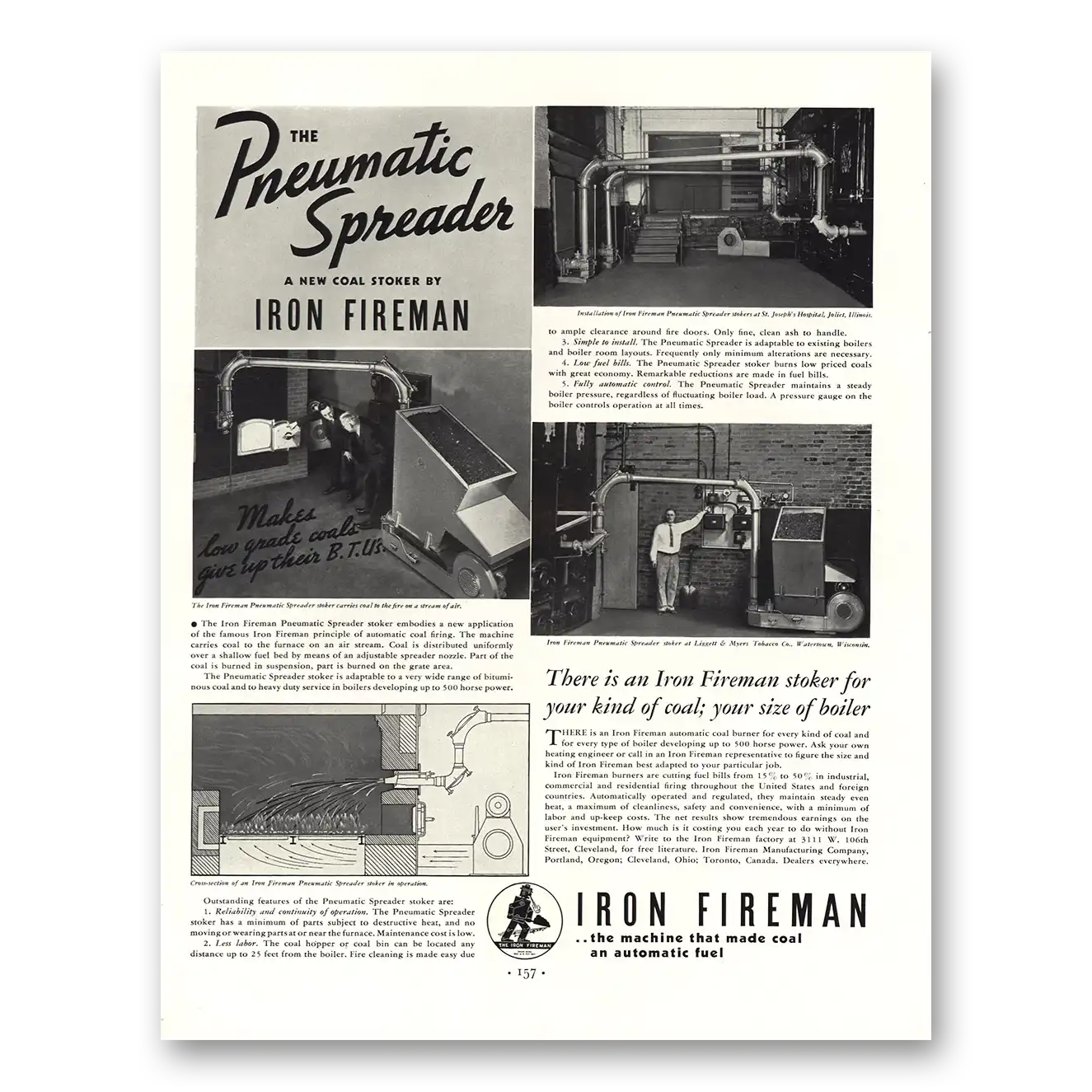 1936 Iron Fireman Pneumatic Spreader Vintage Magazine Print Ad