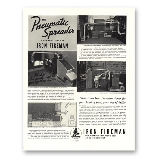 1936 Iron Fireman Pneumatic Spreader Vintage Magazine Print Ad