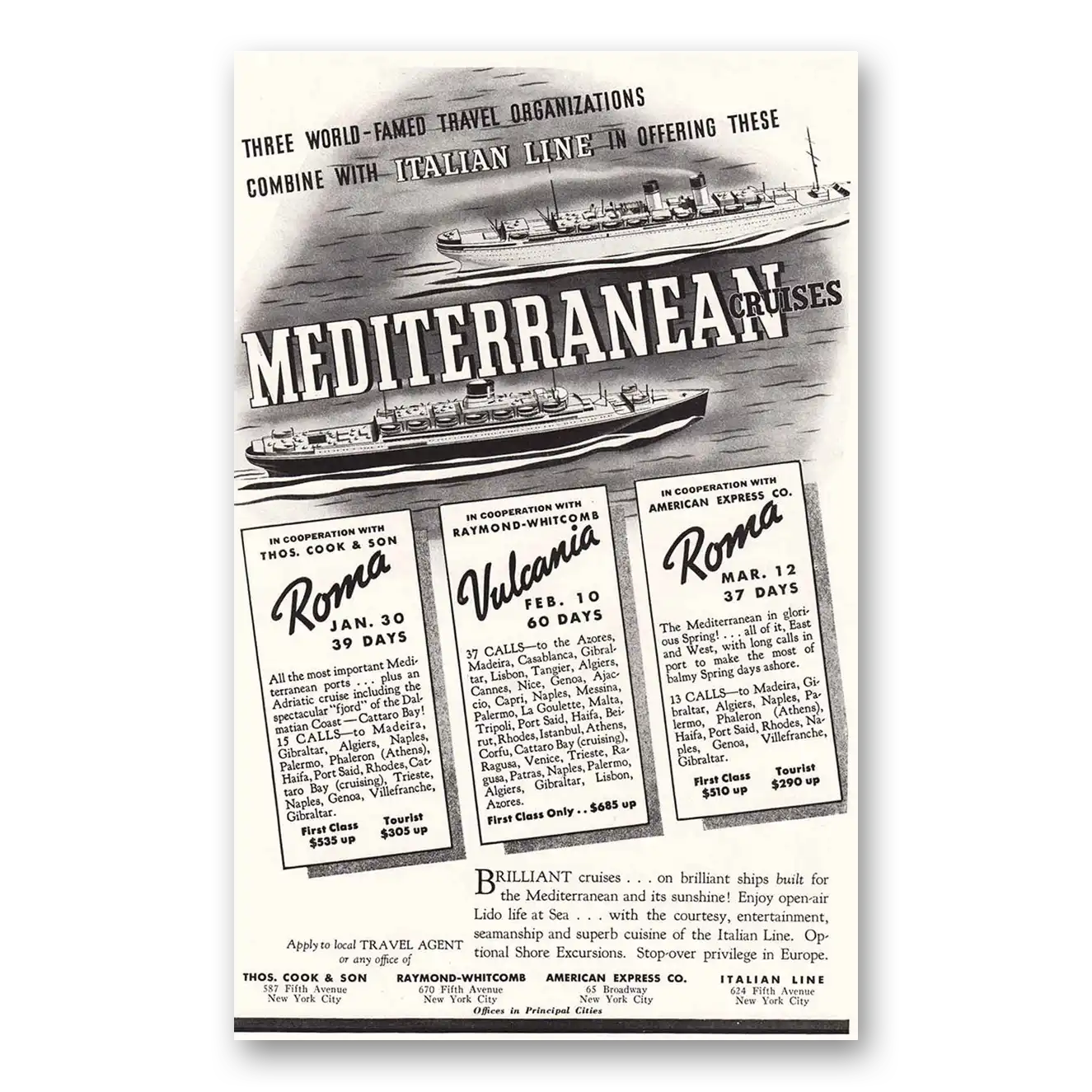 1936 Italian Line Mediterranean Cruises Three World Famed Vintage Magazine Print Ad