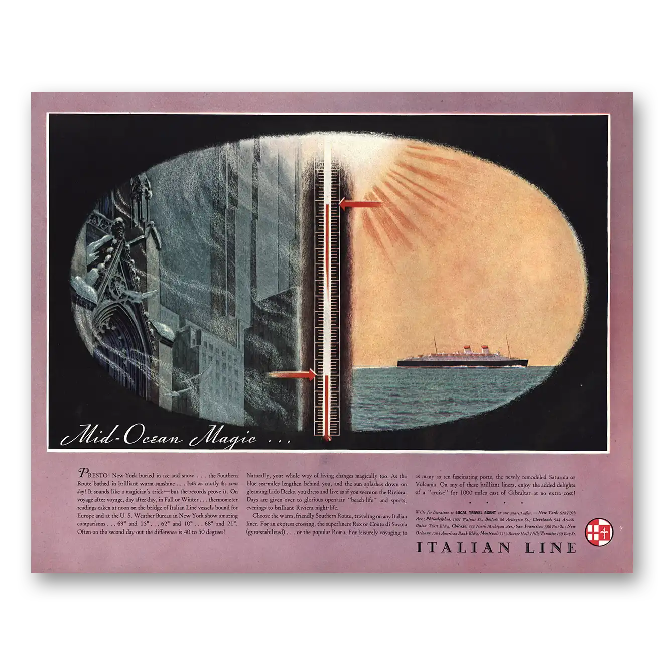 1936 Italian Line Mid Ocean Magic Vintage Magazine Print Ad