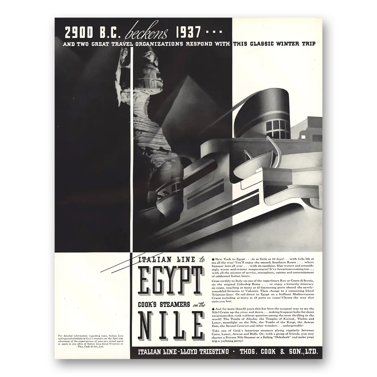 1936 Italian Line 2900 BC Beckons Egypt Nile Vintage Magazine Print Ad