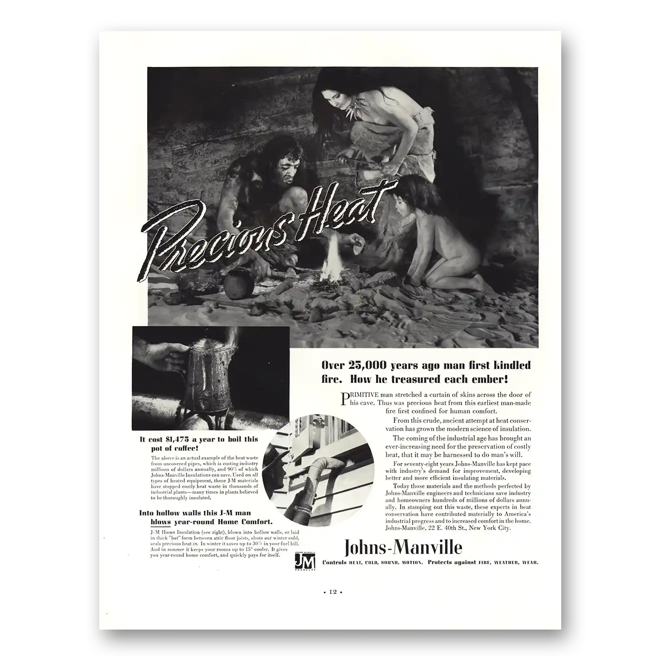 1936 Johns Manville Precious Heat Vintage Magazine Print Ad