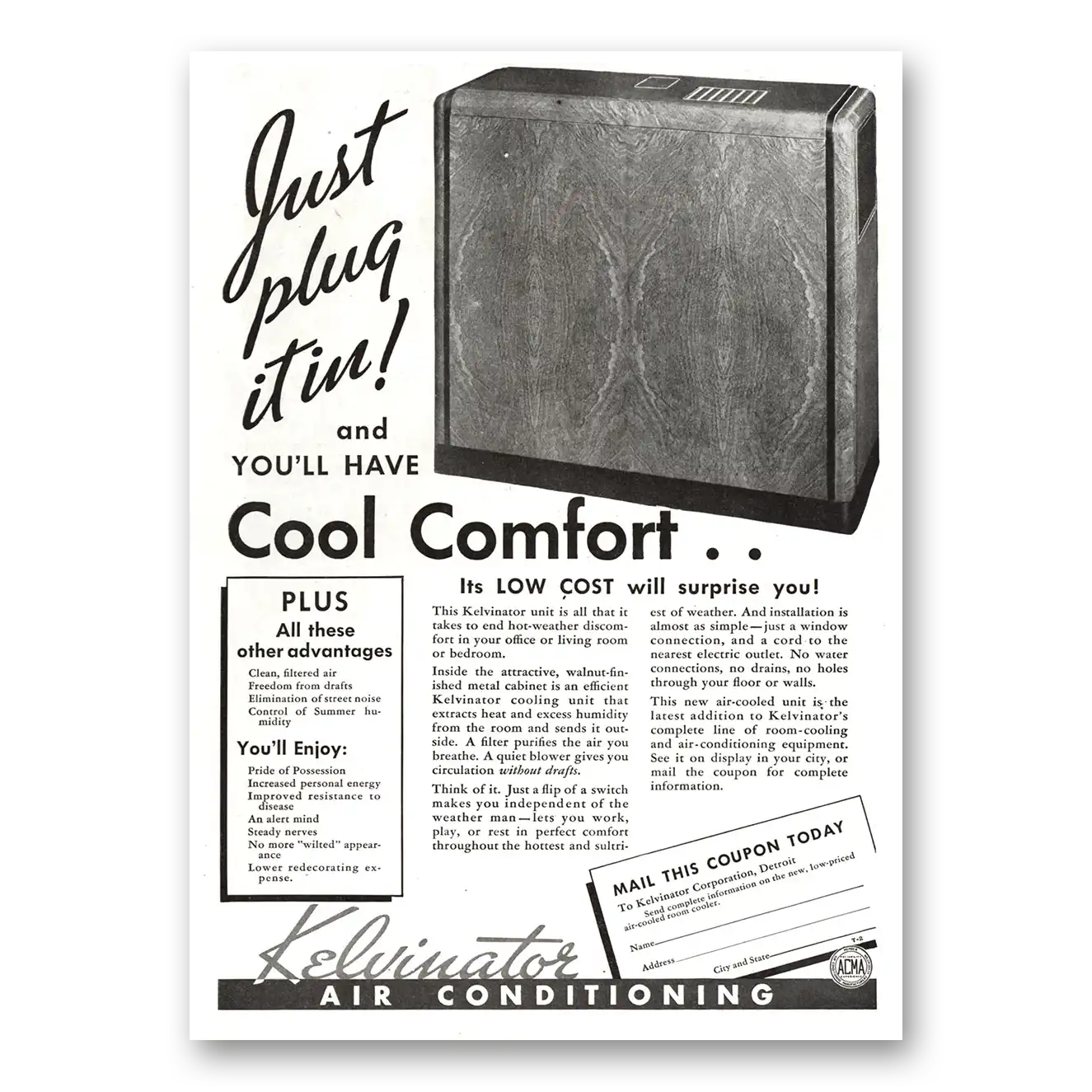 1936 Kelvinator Air Conditioning Just Plug It In Vintage Magazine Print Ad