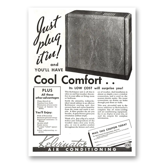 1936 Kelvinator Air Conditioning Just Plug It In Vintage Magazine Print Ad