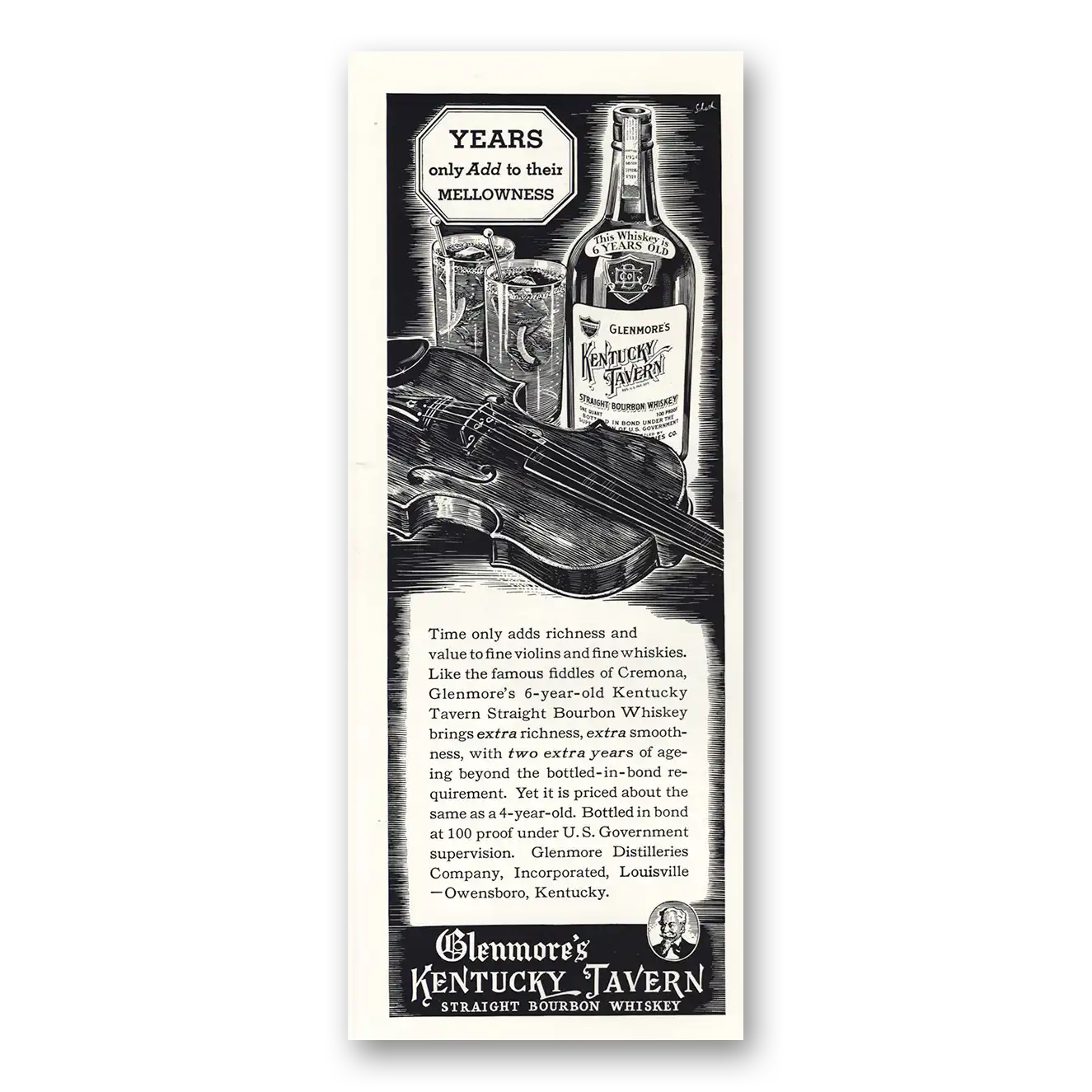 1936 Kentucky Tavern Whiskey Time Adds Richness Fine Violins Vintage Magazine Print Ad