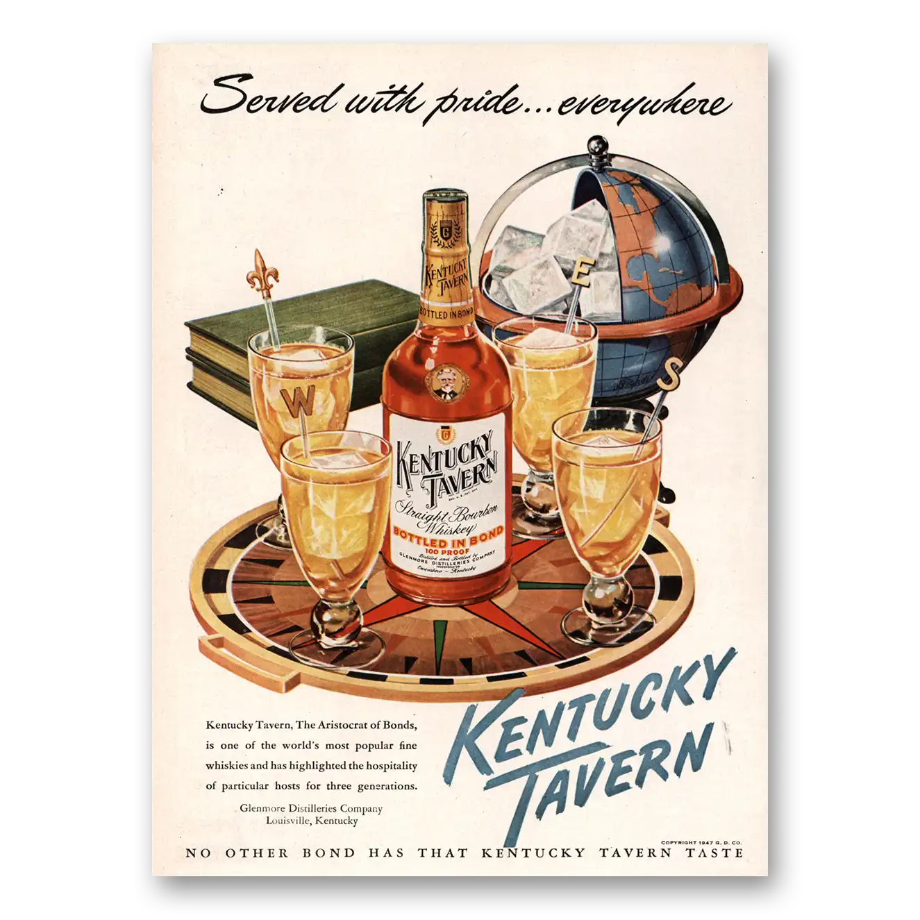 1936 Kentucky Tavern Whiskey Served With Pride Everywhere Globe Vintage Magazine Print Ad