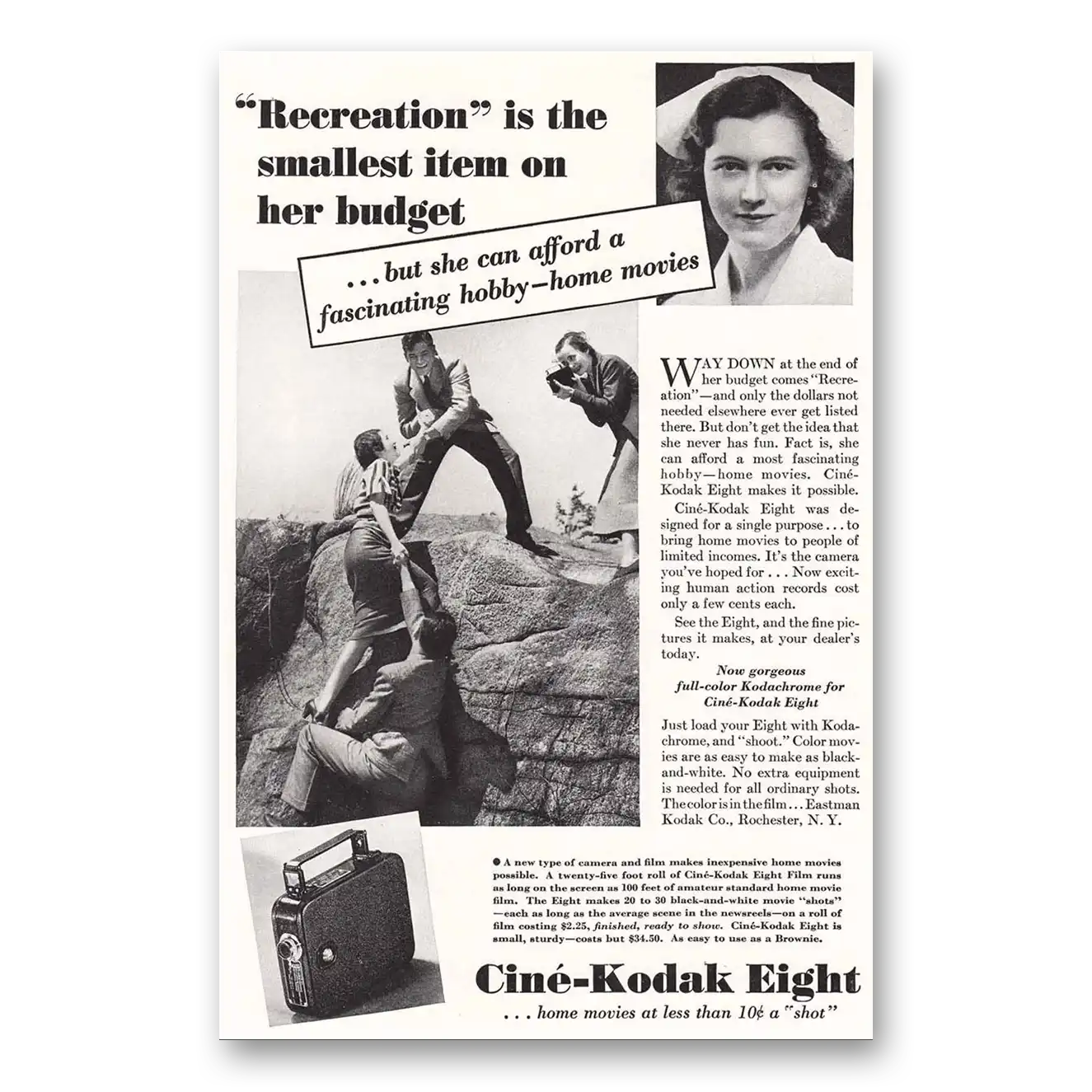 1936 Cine Kodak Eight Camera Recreation Smallest Item On Budget Vintage Magazine Print Ad