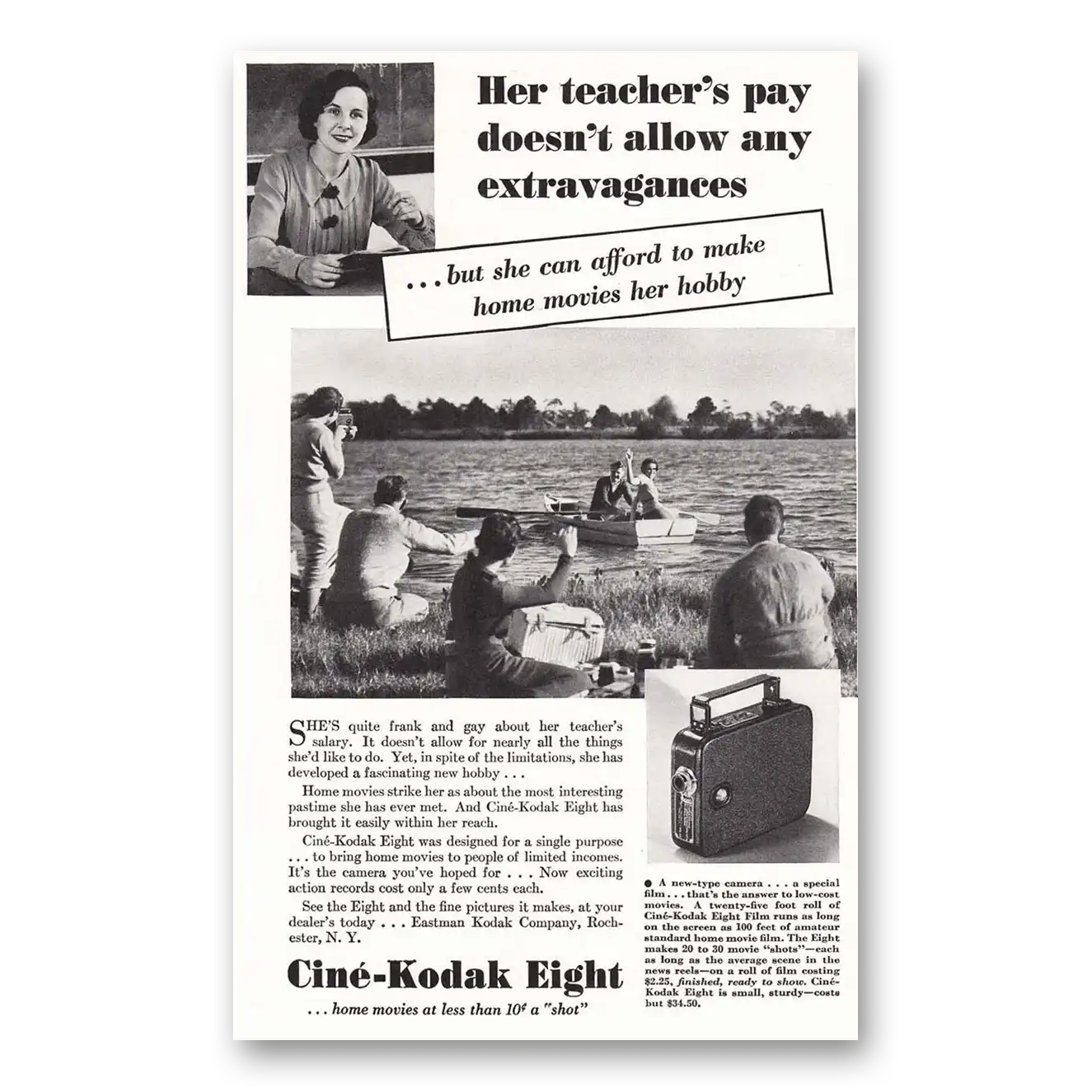 1936 Cine Kodak Eight Camera Teachers Pay Vintage Magazine Print Ad