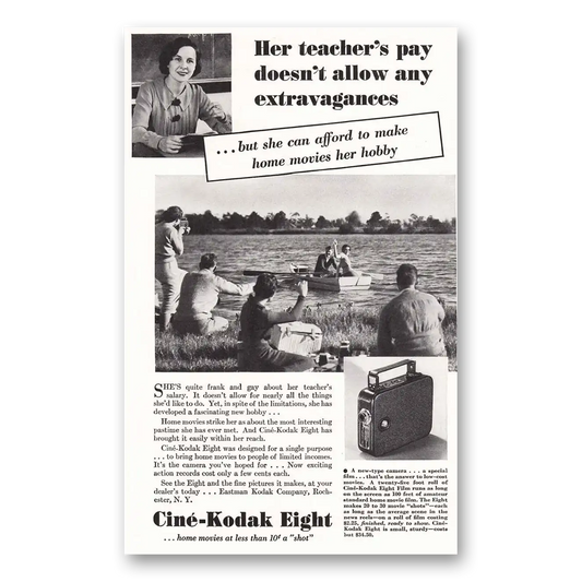 1936 Cine Kodak Eight Camera Teachers Pay Vintage Magazine Print Ad