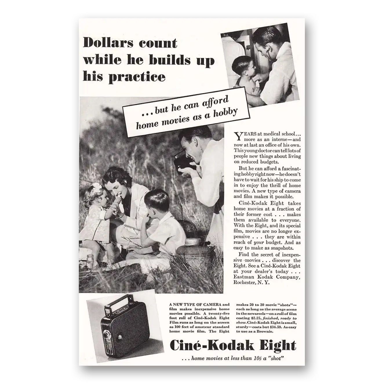 1936 Cine Kodak Eight Camera Dollars Count While He Builds His Practice Vintage Magazine Print Ad