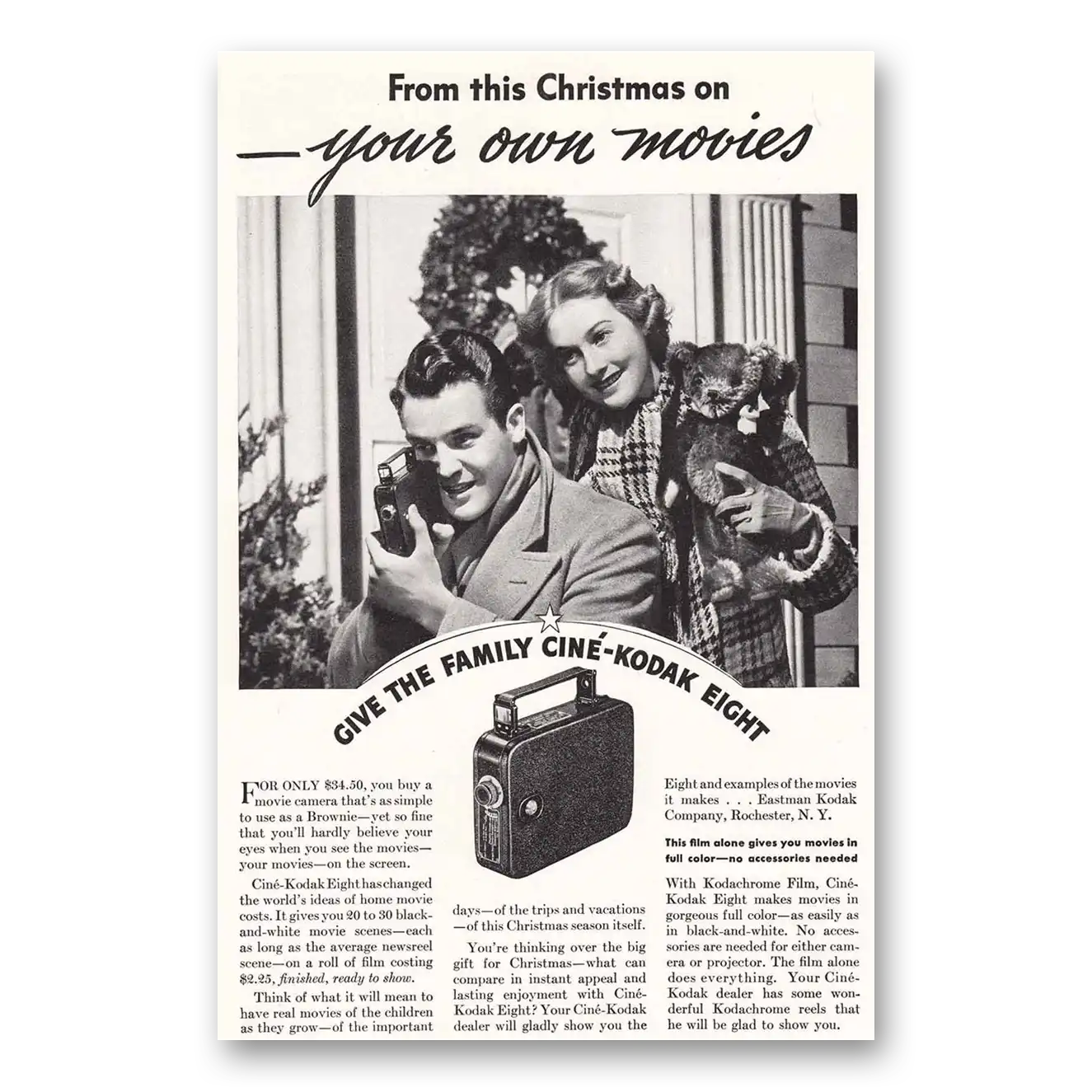 1936 Cine Kodak Eight Camera Christmas Vintage Magazine Print Ad