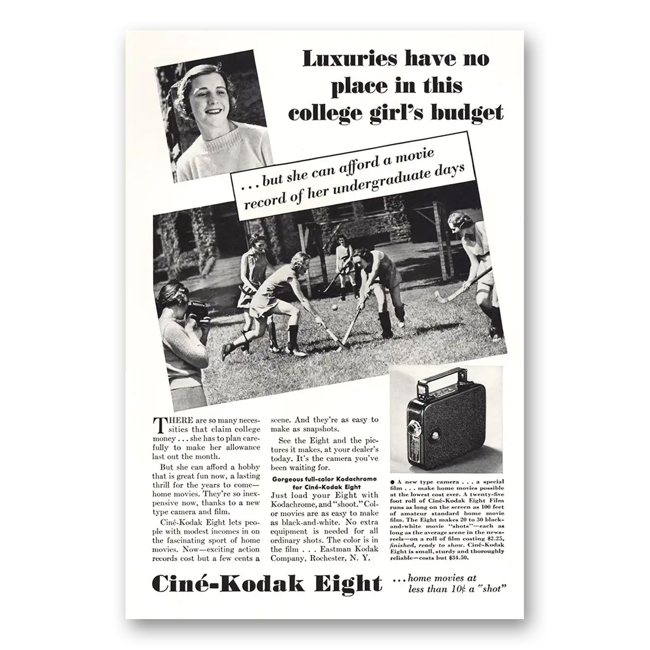 1936 Cine Kodak Eight Camera College Girls Budget Vintage Magazine Print Ad