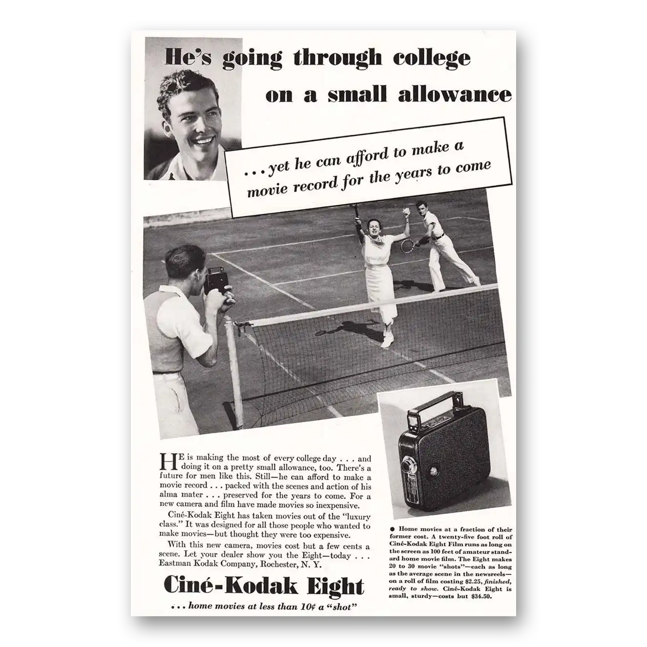 1936 Cine Kodak Eight Camera Going Through College Tennis Vintage Magazine Print Ad