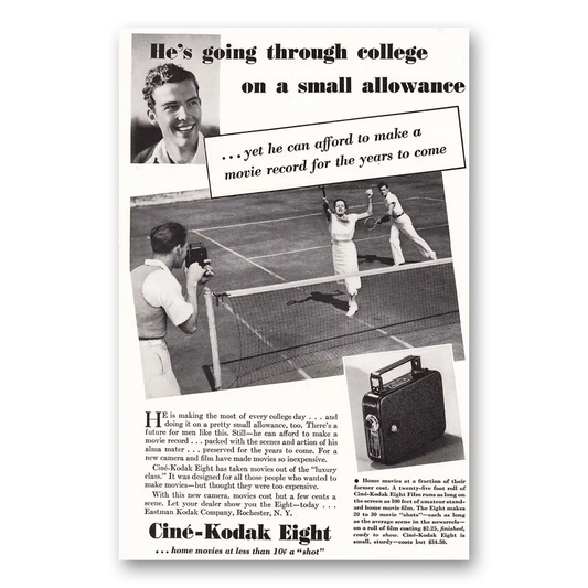 1936 Cine Kodak Eight Camera Going Through College Tennis Vintage Magazine Print Ad