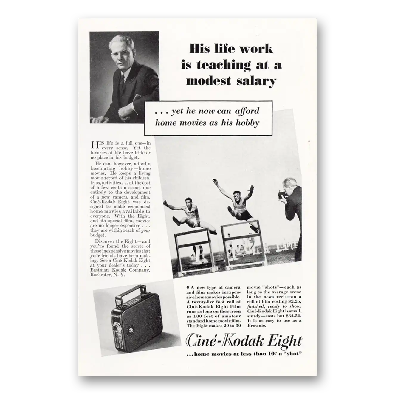 1936 Cine Kodak Eight Camera His Life Work Is Teaching at a Modest Salary Vintage Magazine Print Ad