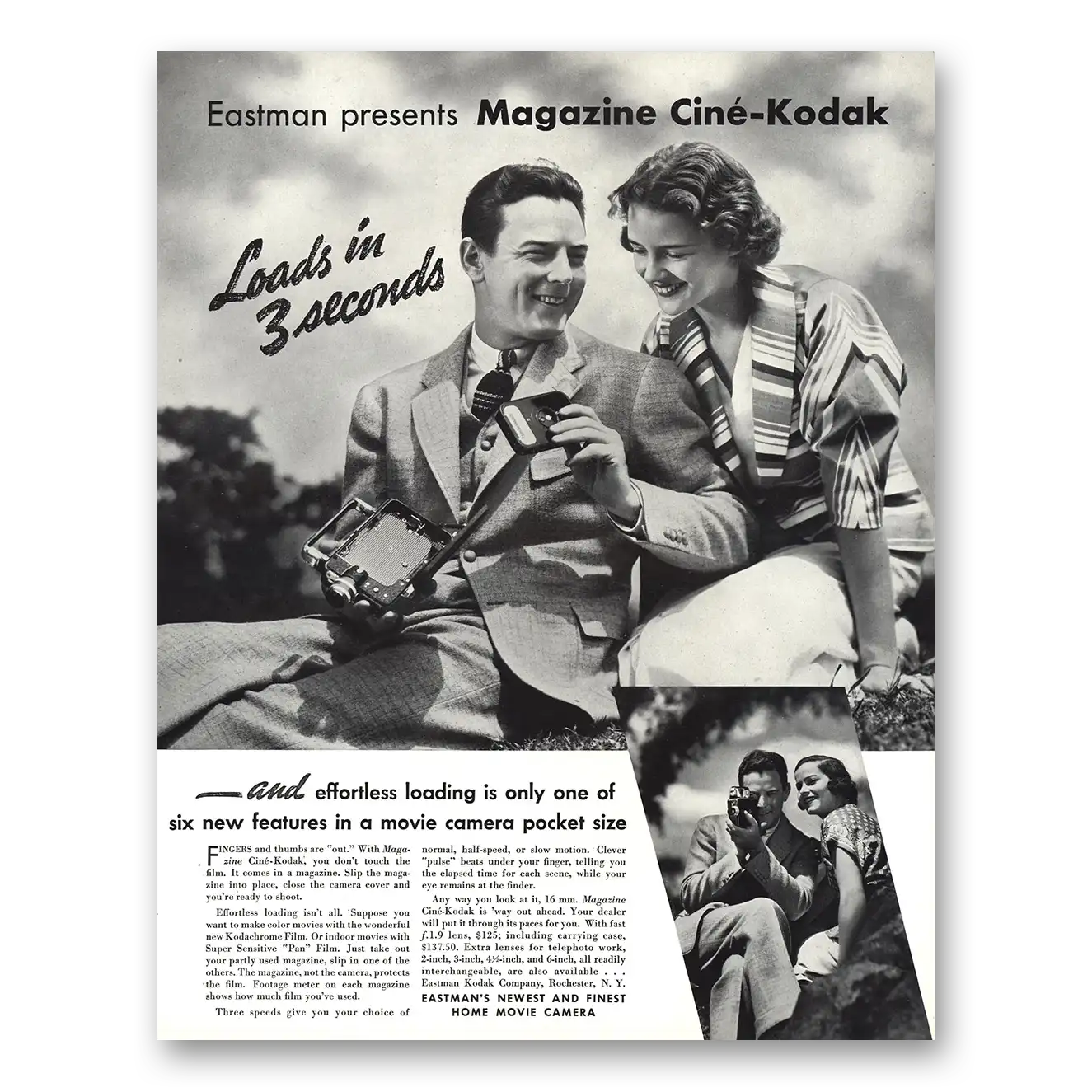 1936 Cine Kodak Camera Magazine Cine Kodak Loads In 3 Seconds Vintage Magazine Print Ad